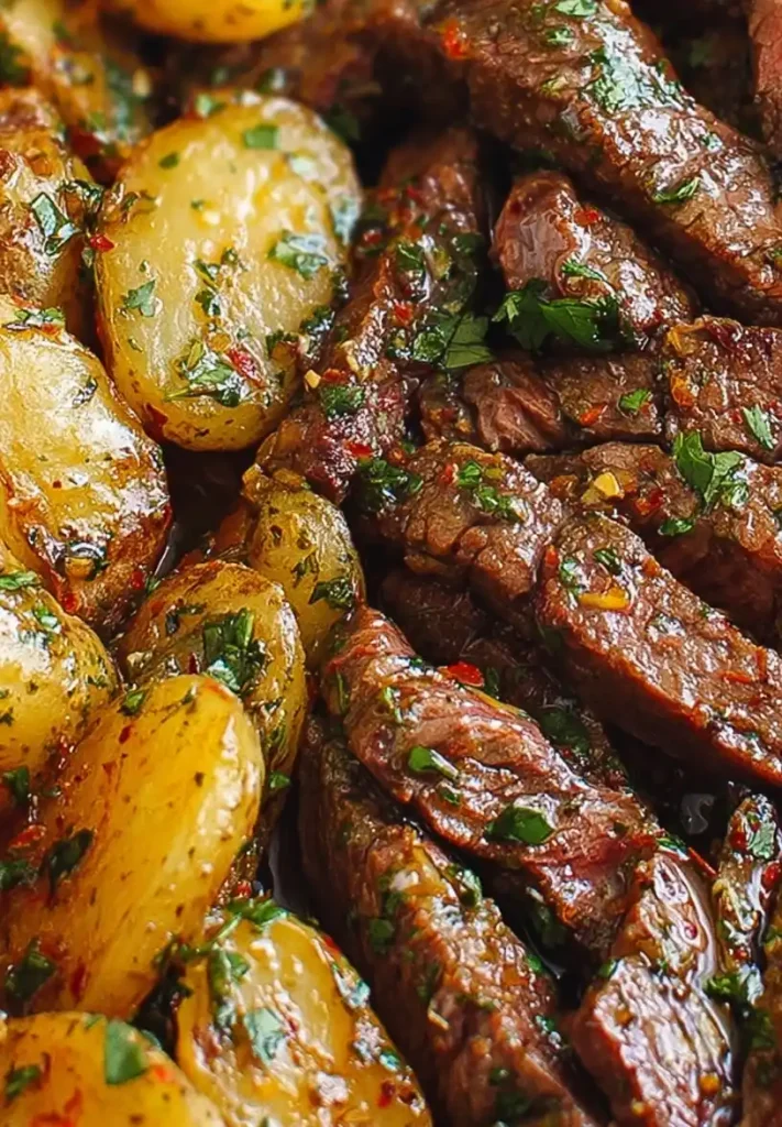 Garlic Butter Steak Bites and Potatoes Skillet close-up