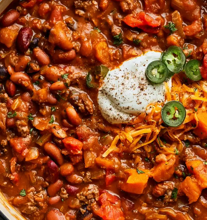 close up Pumpkin Black Bean Chili in a pot