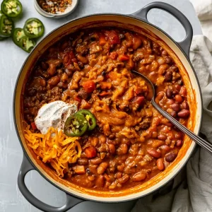 Pumpkin Black Bean Chili in a large pot from a top view