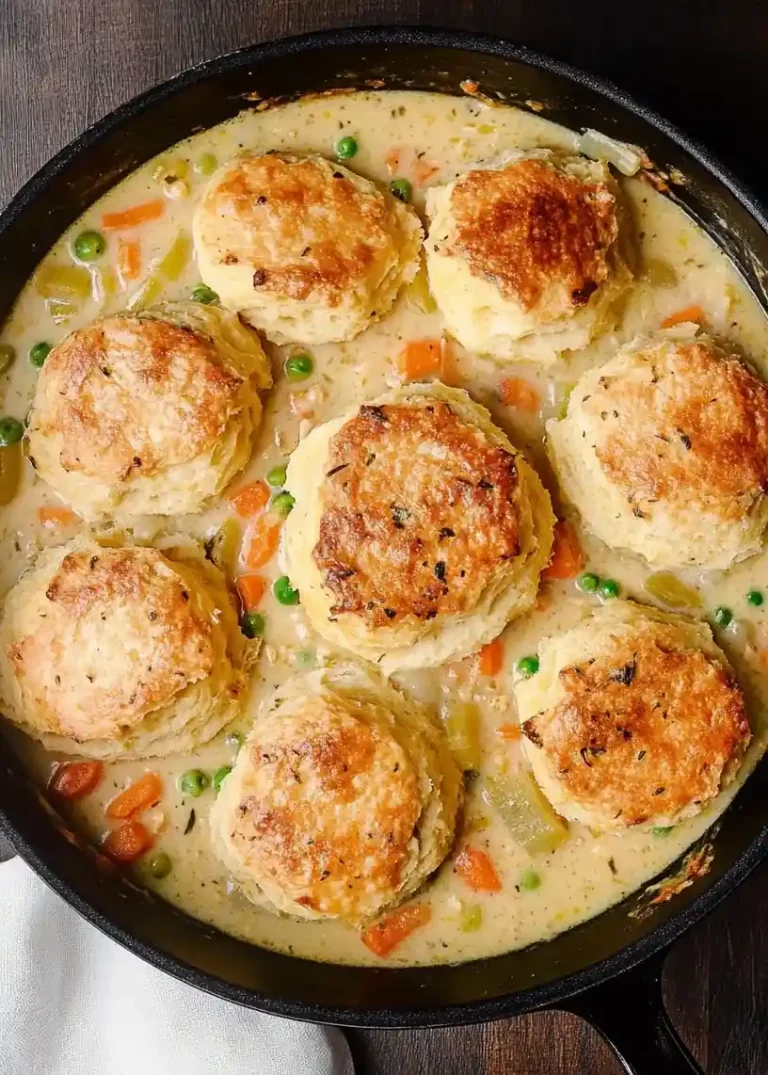 chicken pot pie with biscuits in a pan, from a top view