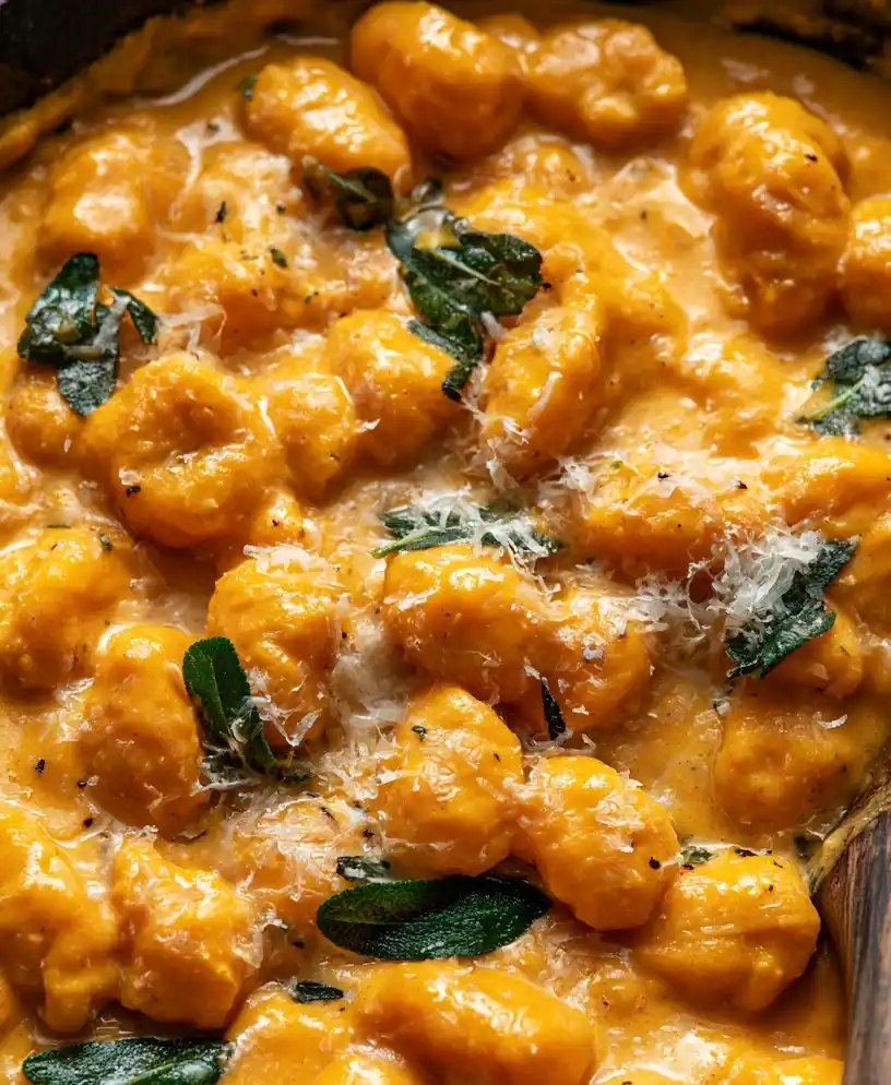 Creamy Pumpkin Sage Gnocchi dish, in a skillet, close up shot from a top view