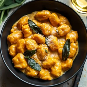 Creamy Pumpkin Sage Gnocchi dish, served in a black bowl, from a top view