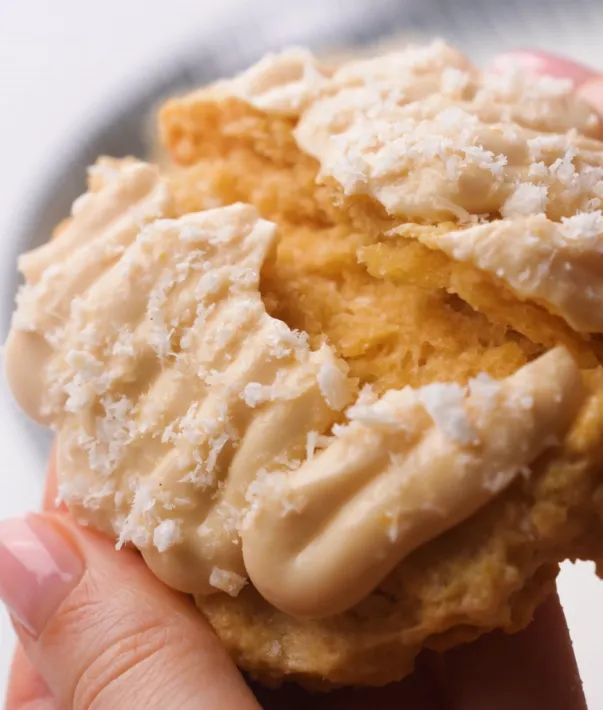 Lemon Coconut Cheesecake Cookies close up pulled apart