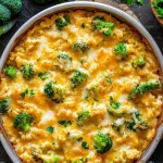 chicken broccoli rice cheese casserole from a top view