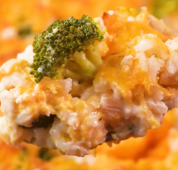 Creamy Chicken Broccoli Rice Cheese Casserole close up