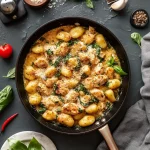 garlic chicken gnocchi skillet from a top view