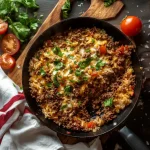 ground beef and rice skillet from a top view with cheese