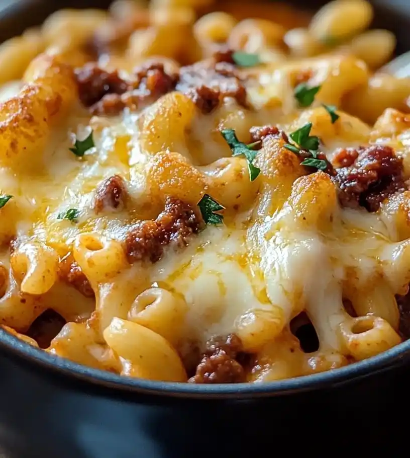 one pot chili mac and cheese close up