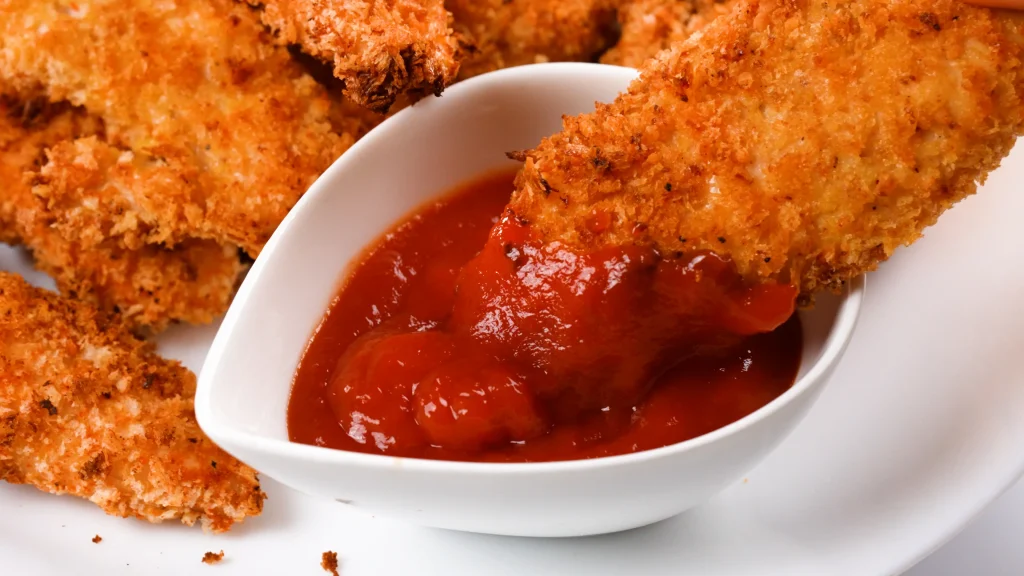 Crispy baked chicken tenders close up
