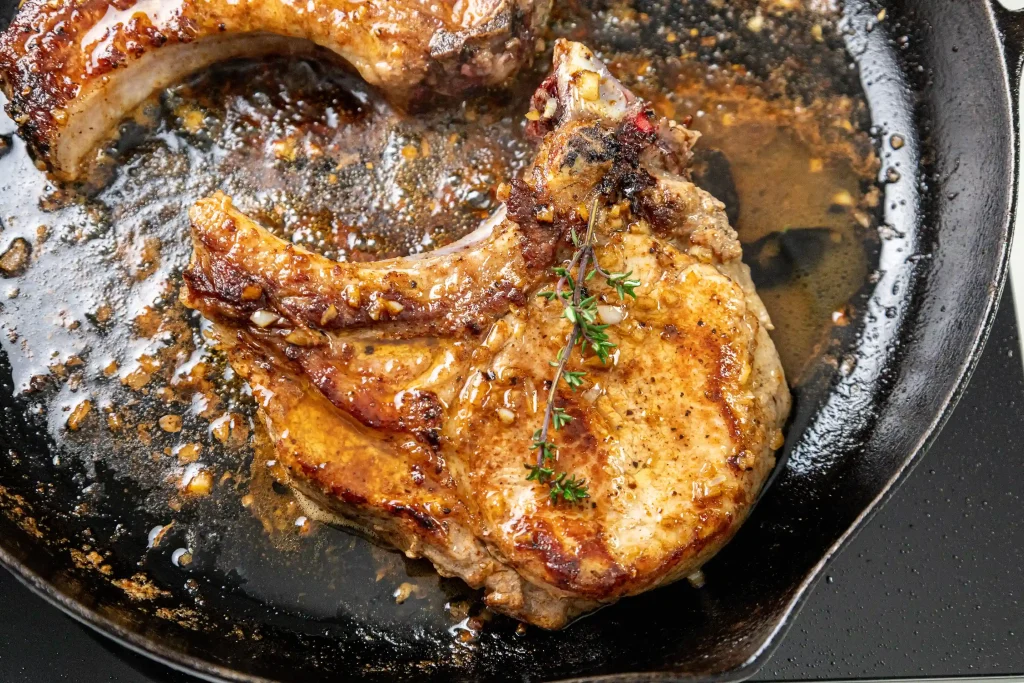 Pan seared Garlic Butter Pork Chops close up