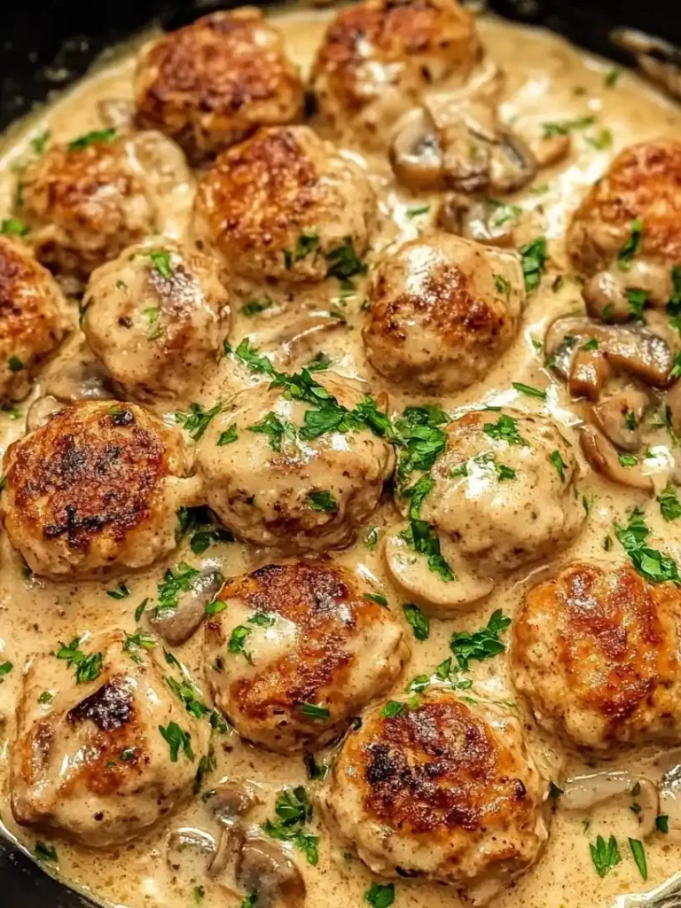 creamy mushroom chicken meatballs in a skillet