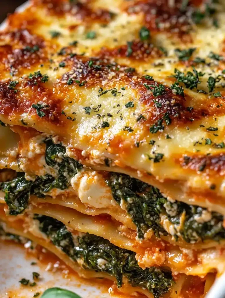 spinach lasagna with ricotta close up