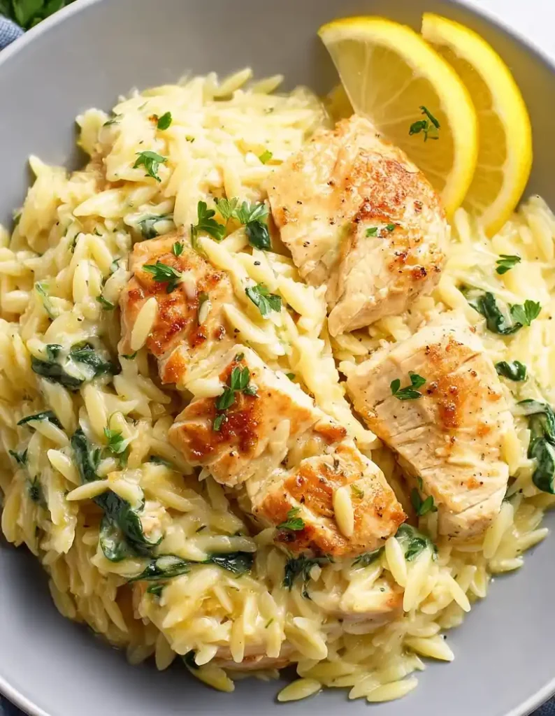 One Pot Lemon Chicken Orzo close up