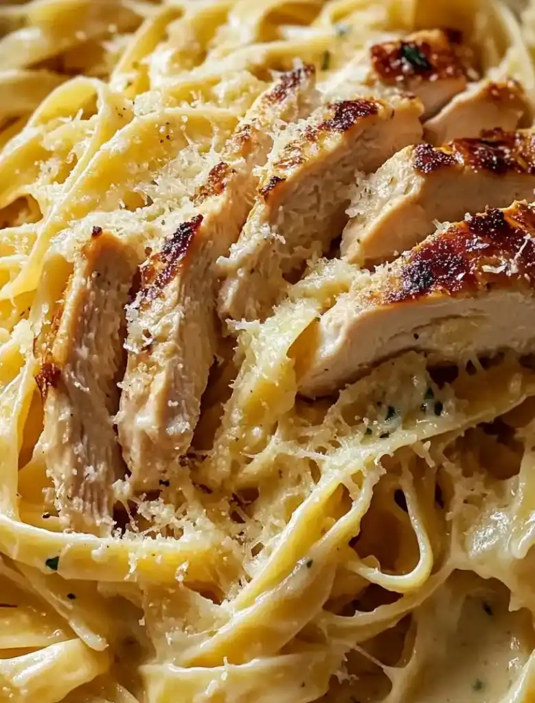 Chicken Pasta with Lemon Garlic Sauce close up