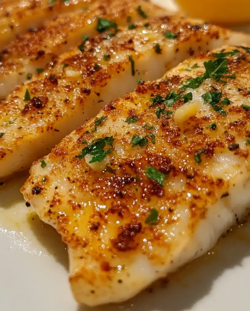 Crispy Pan Fried Tilapia with Garlic Lemon Butter Sauce close up
