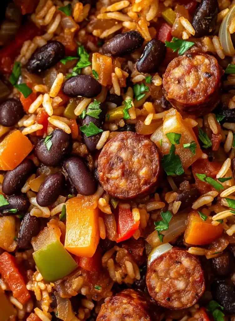 black beans and rice with sausage close up