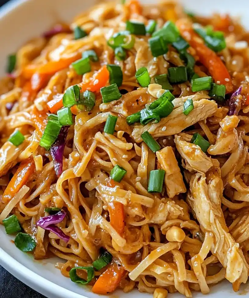 thai peanut noodles with chicken close up