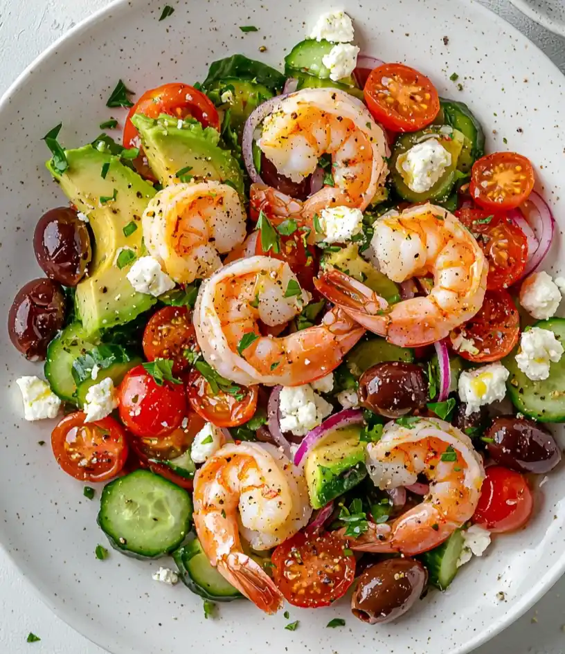 Mediterranean Shrimp and Avocado Salad close up