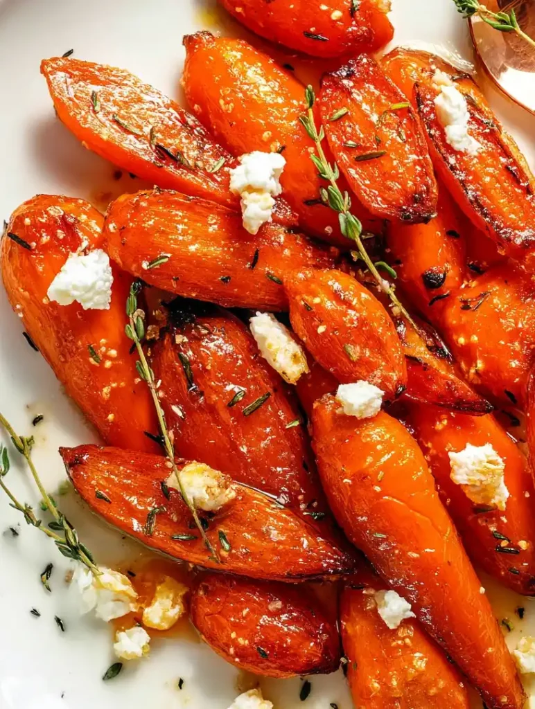 Honey Roasted Carrots with Thyme and Goat Cheese close up