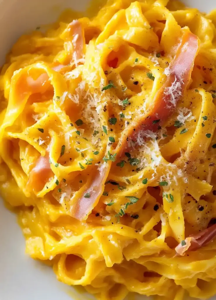 pumpkin alfredo pasta with prosciutto close up