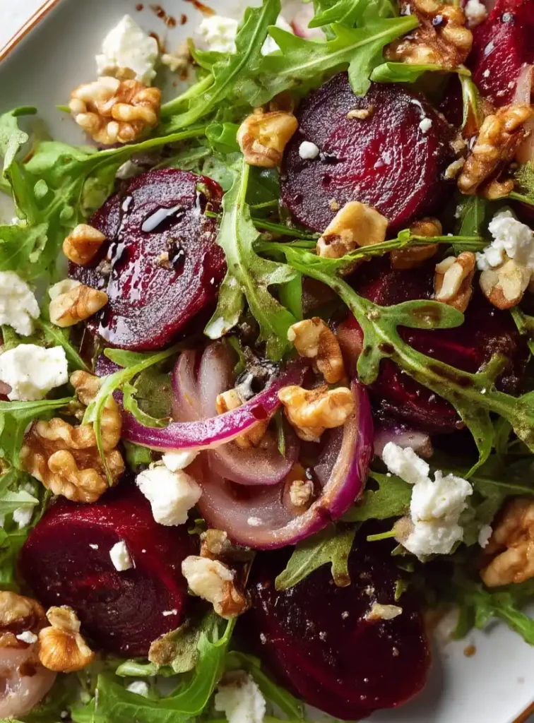 roasted beet and arugula salad close up