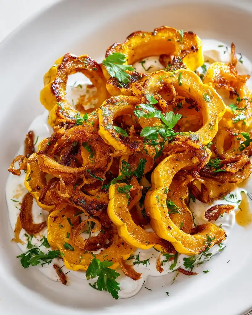 roasted delicata squash with crispy onions close up