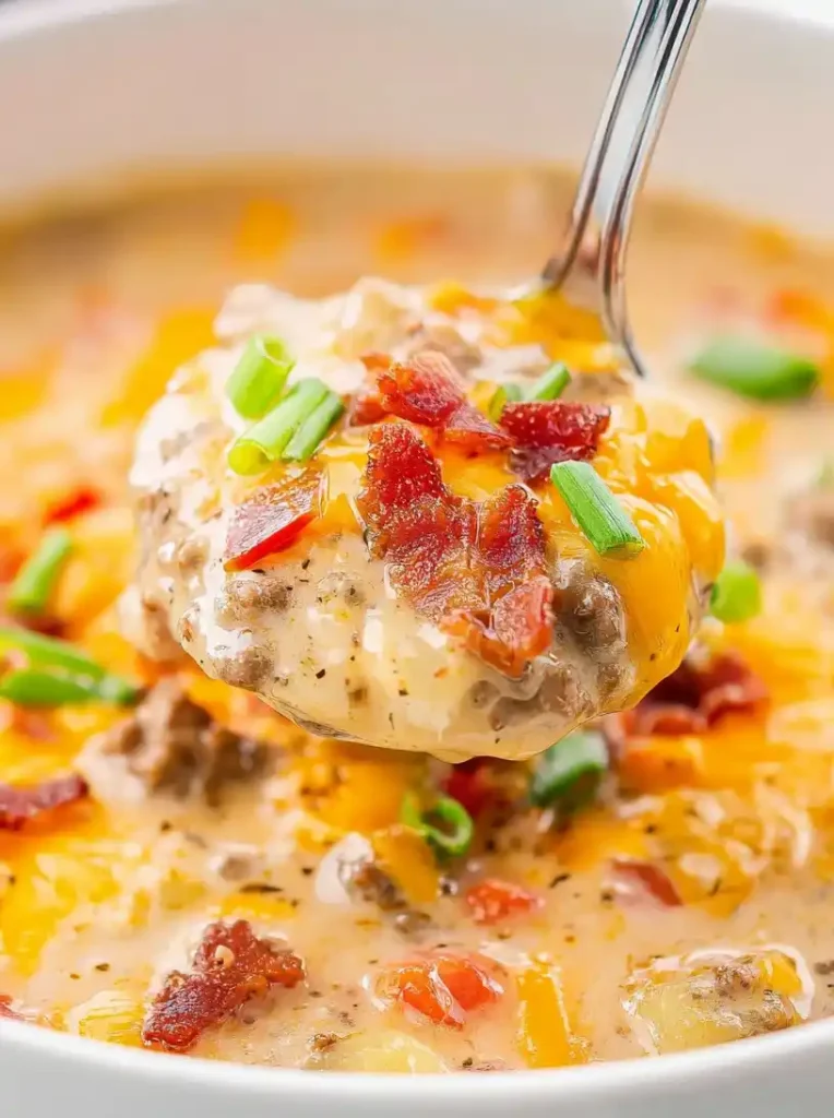 Cheeseburger Soup with Baby Potatoes close up