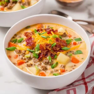 A homemade Cheeseburger Soup with Baby Potatoes