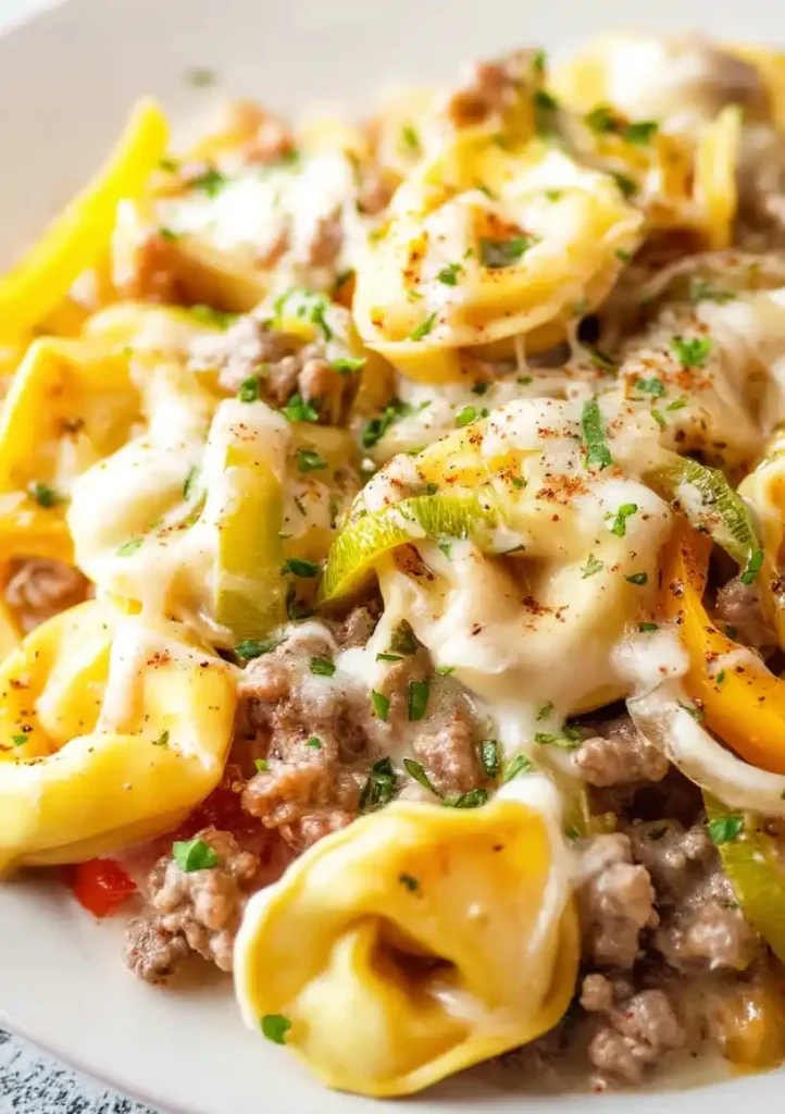 Crock Pot Cheesesteak Tortellini close up