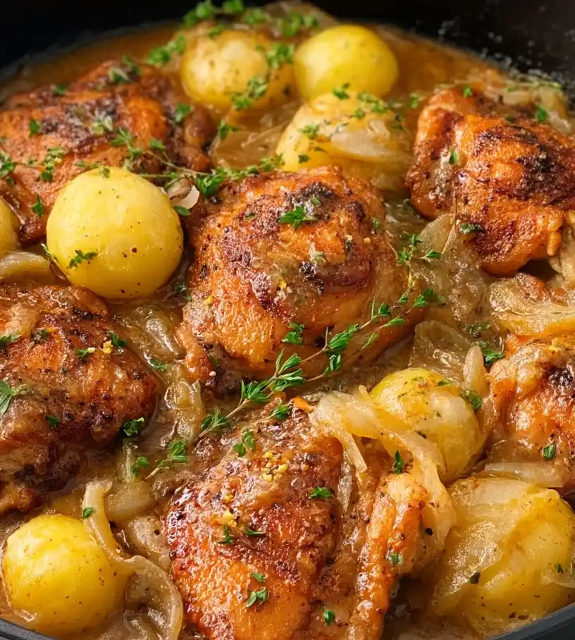 One-Pan Chicken and Potatoes with Gravy close up