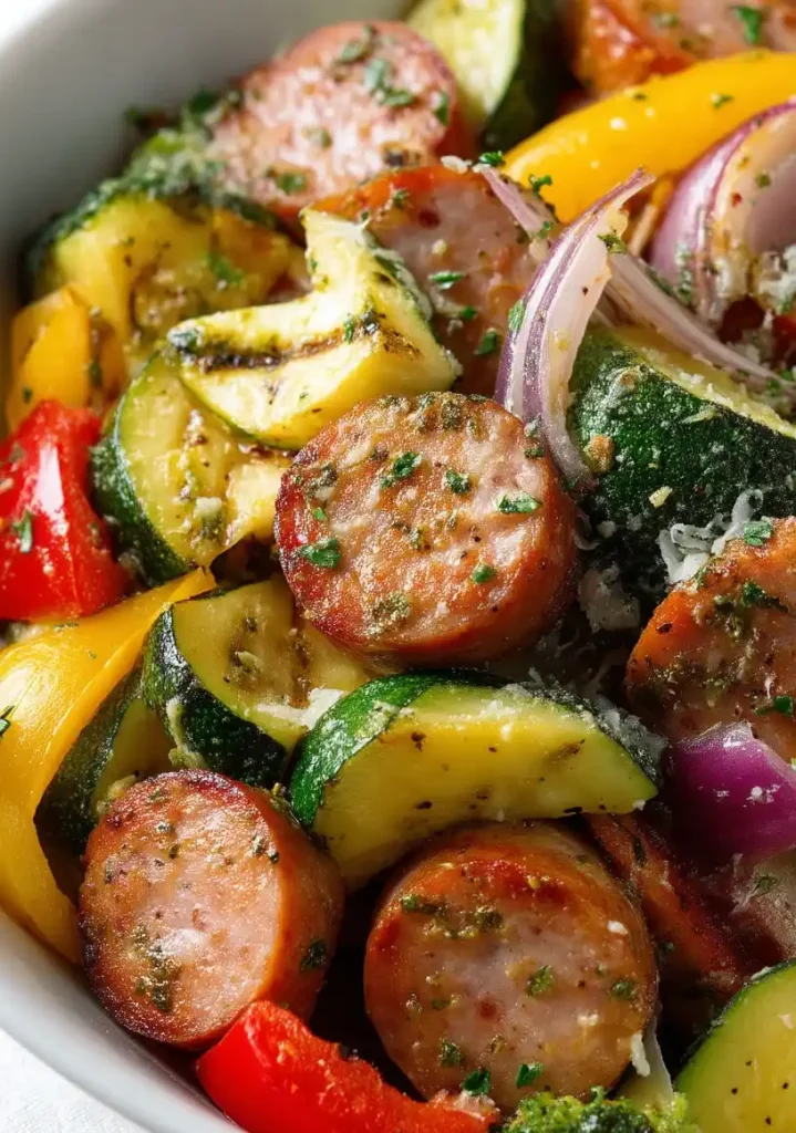 chicken sausage and veggies sheet pan close up