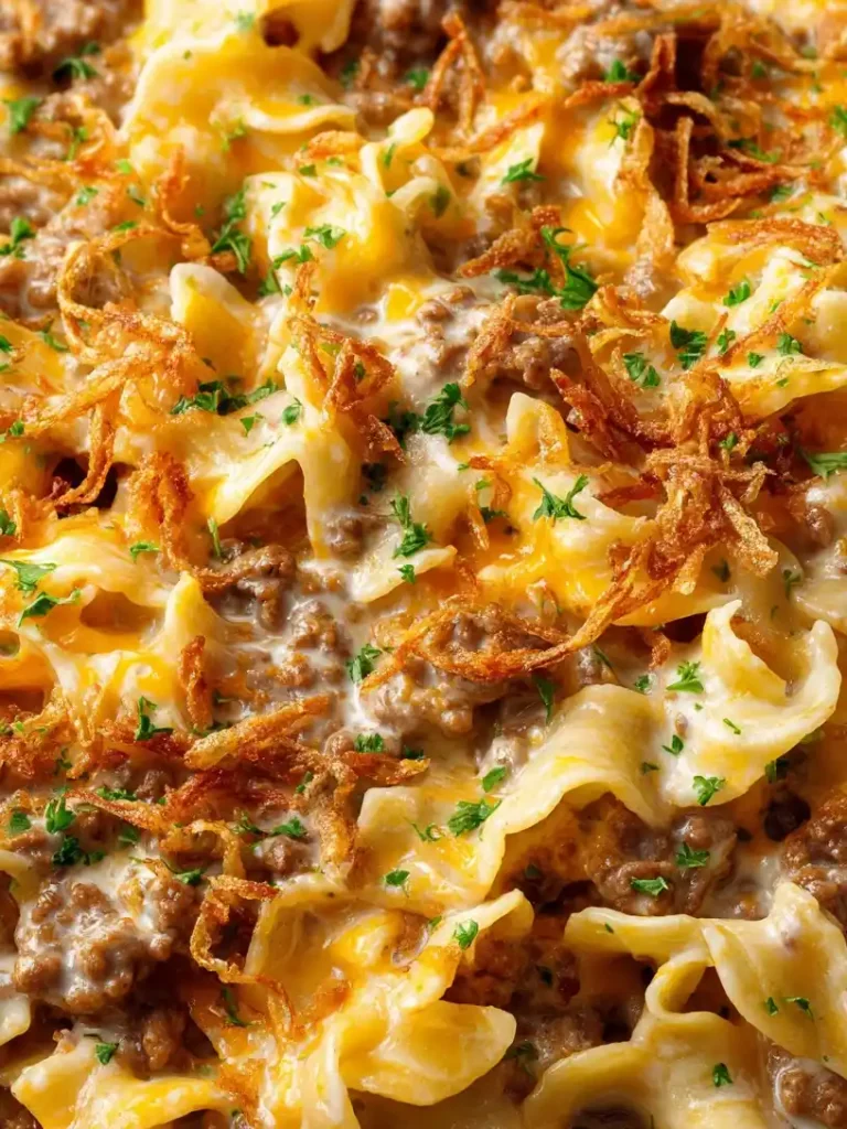 Cheesy Beef and Noodle Casserole with Crispy French Onions close up