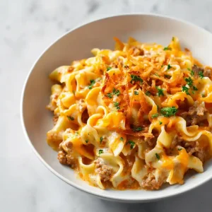 Cheesy Beef and Noodle Casserole dish with Crispy French Onions