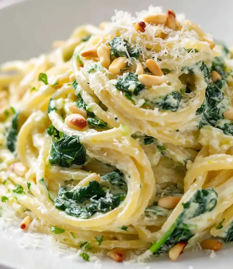 Lemon Ricotta Pasta with Spinach close up