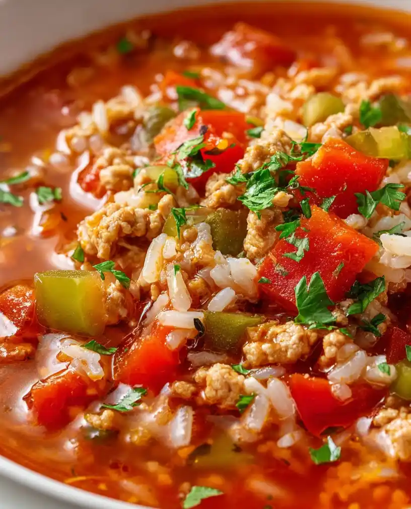 Stuffed Bell Pepper Soup with Ground Turkey close up