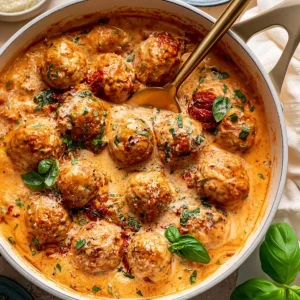 Marry me chicken meatballs photo from a top view, in a large skillet
