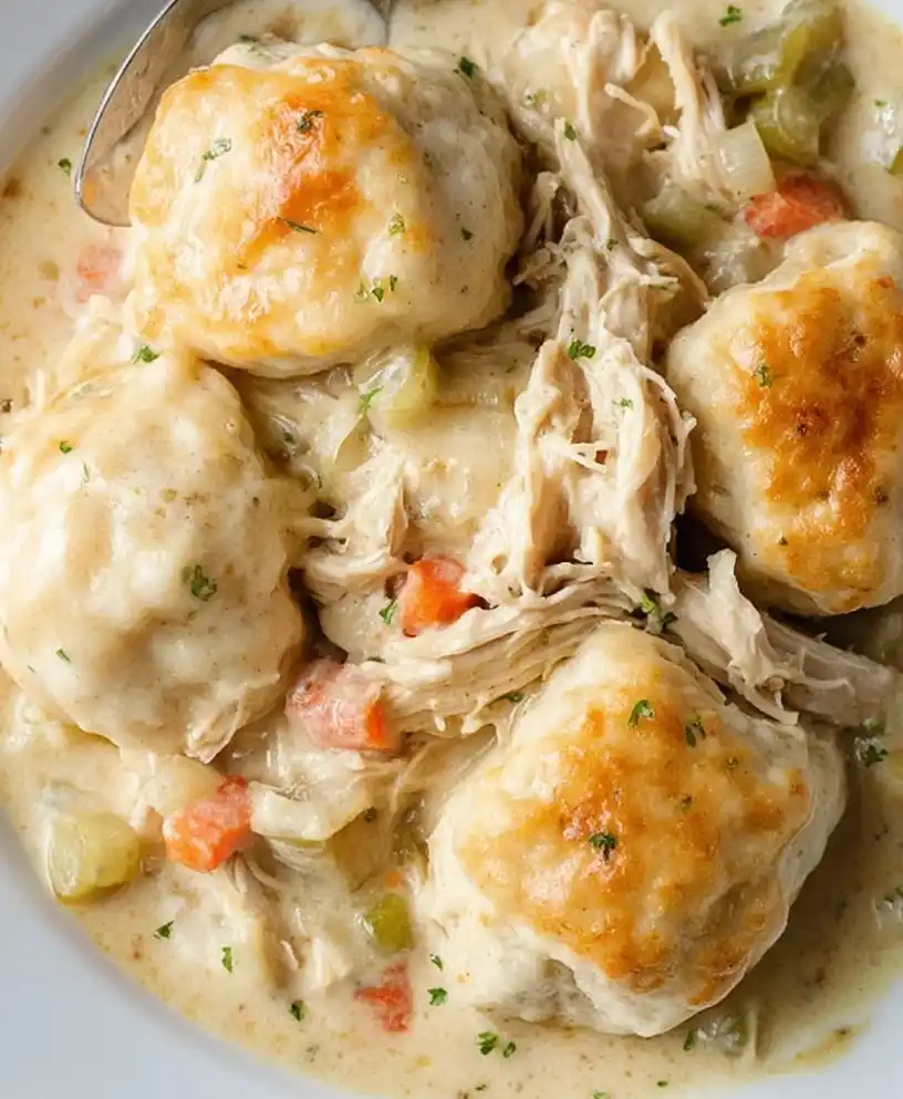 Chicken and Dumplings with Biscuits close up