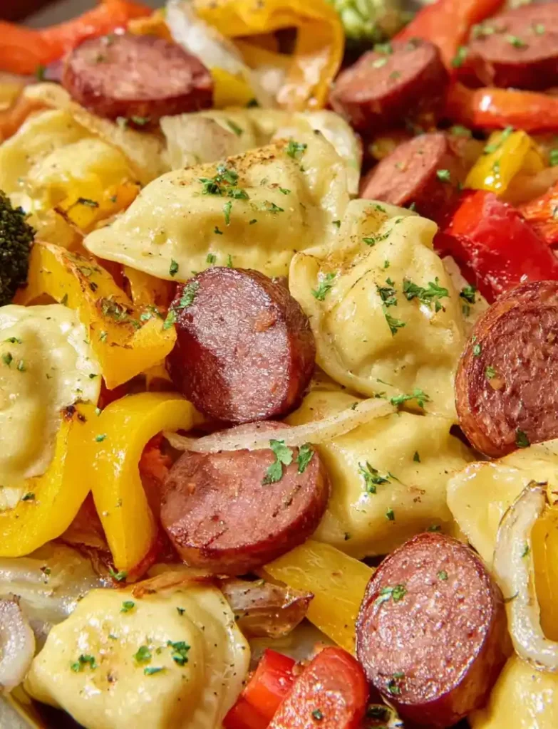 Sheet Pan Pierogies and Kielbasa close up