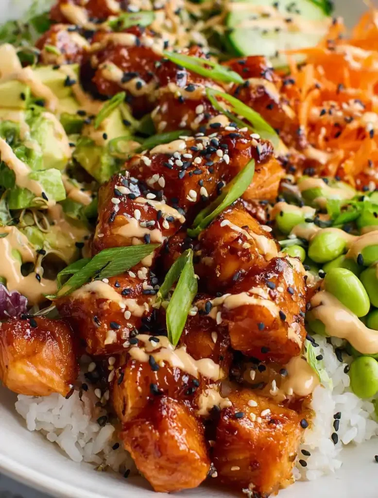 Spicy Salmon Rice Bowl close up