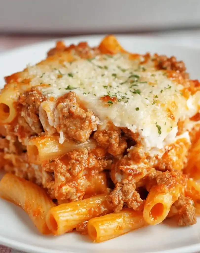 High Protein Cottage Cheese Baked Ziti close up