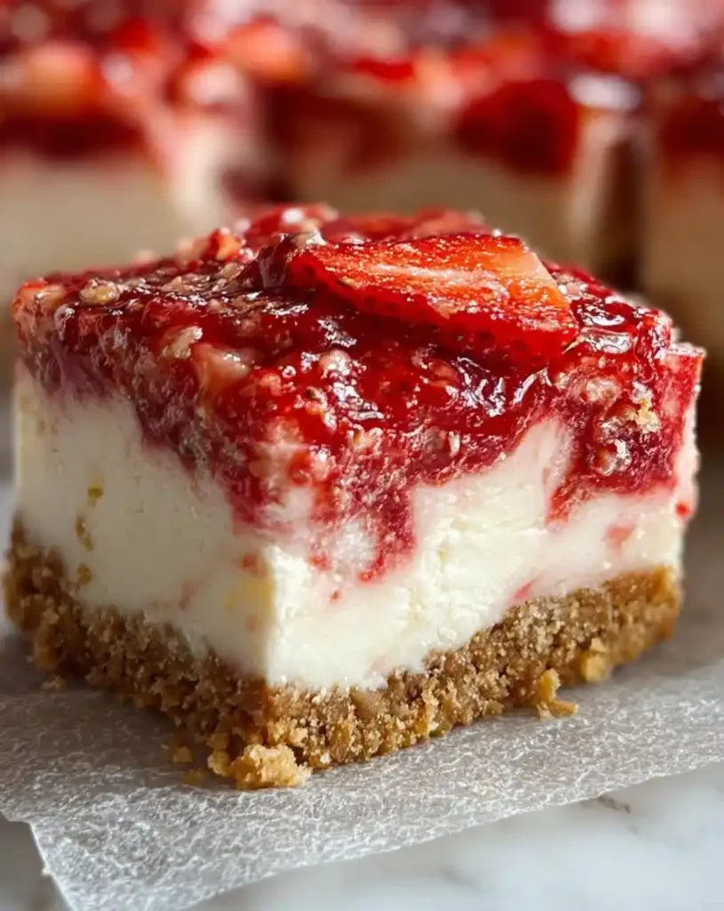 No Bake Strawberry Cheesecake Bars close up