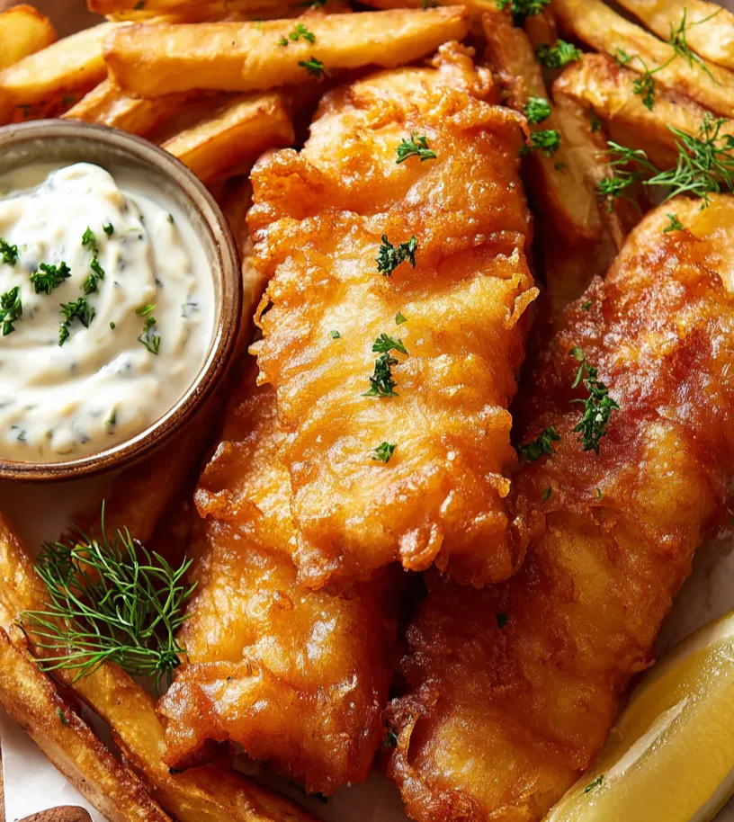 Beer Battered Fish and Chips close up