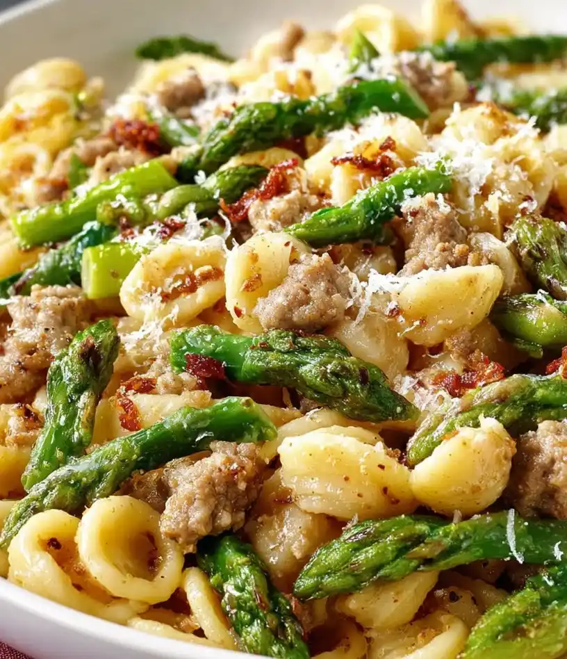 Sausage Asparagus Pasta close up