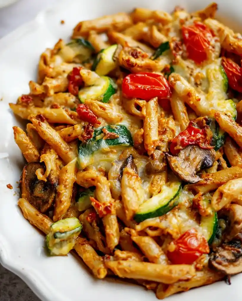 sundried tomato pesto pasta bake close up