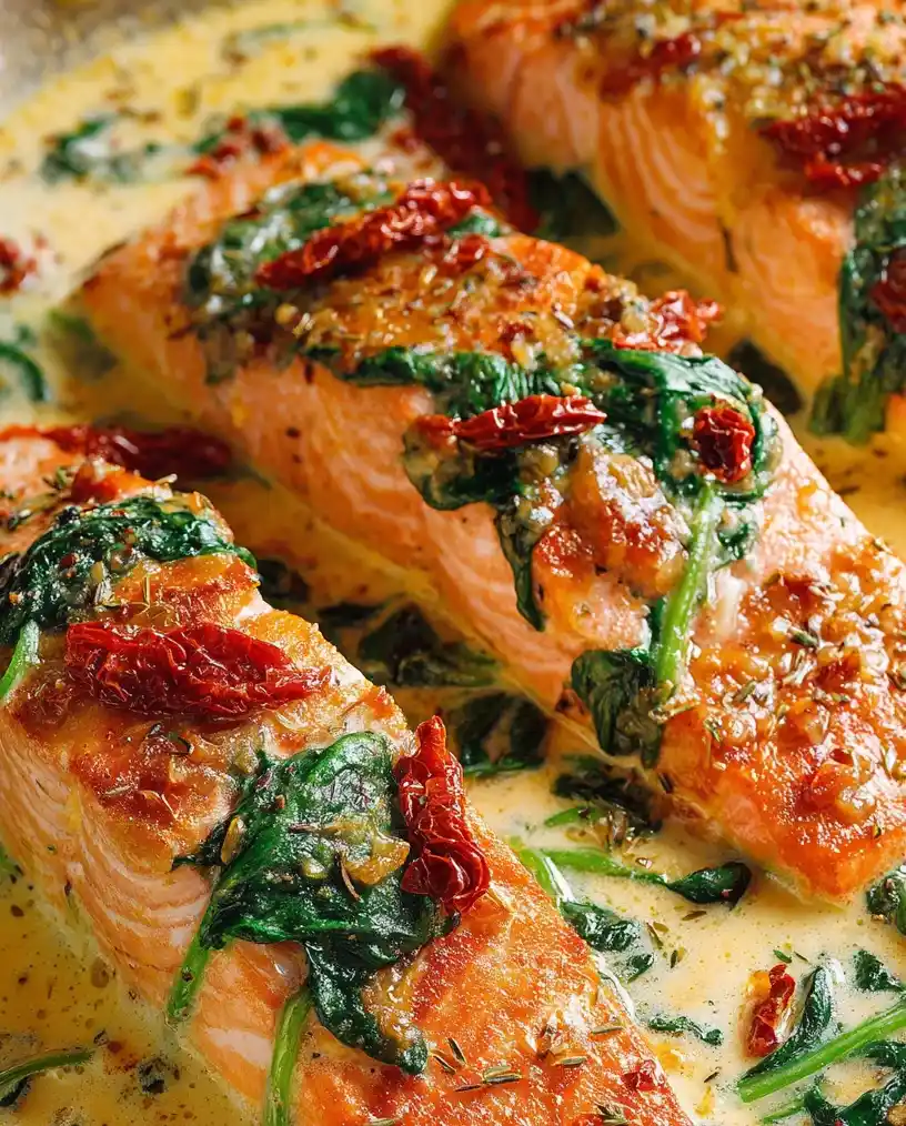 Creamy Tuscan Salmon with Sun-Dried Tomatoes close up