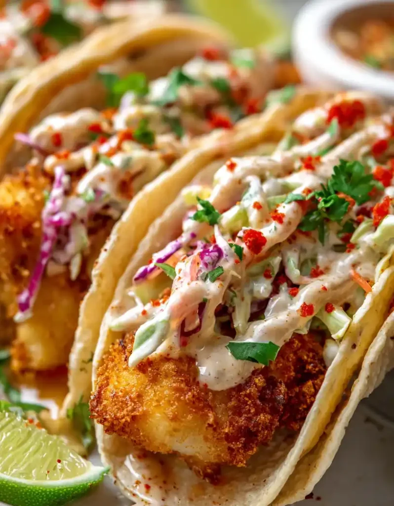Crispy Air Fryer Fish Tacos with Chipotle Slaw close up