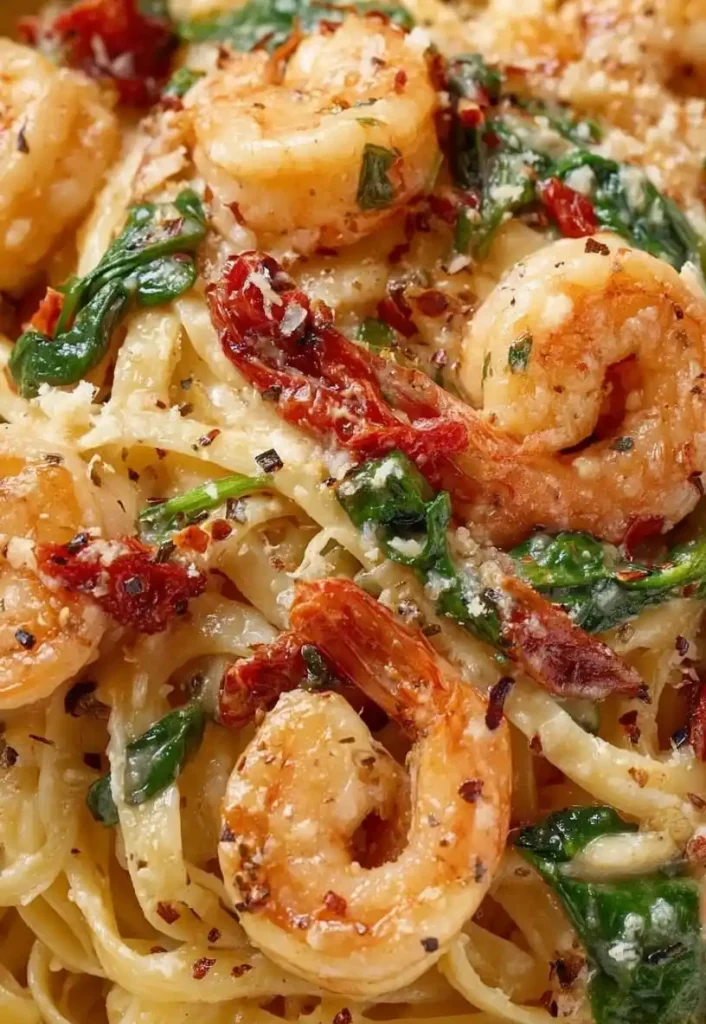 Creamy Tuscan Garlic Butter Shrimp Pasta close up