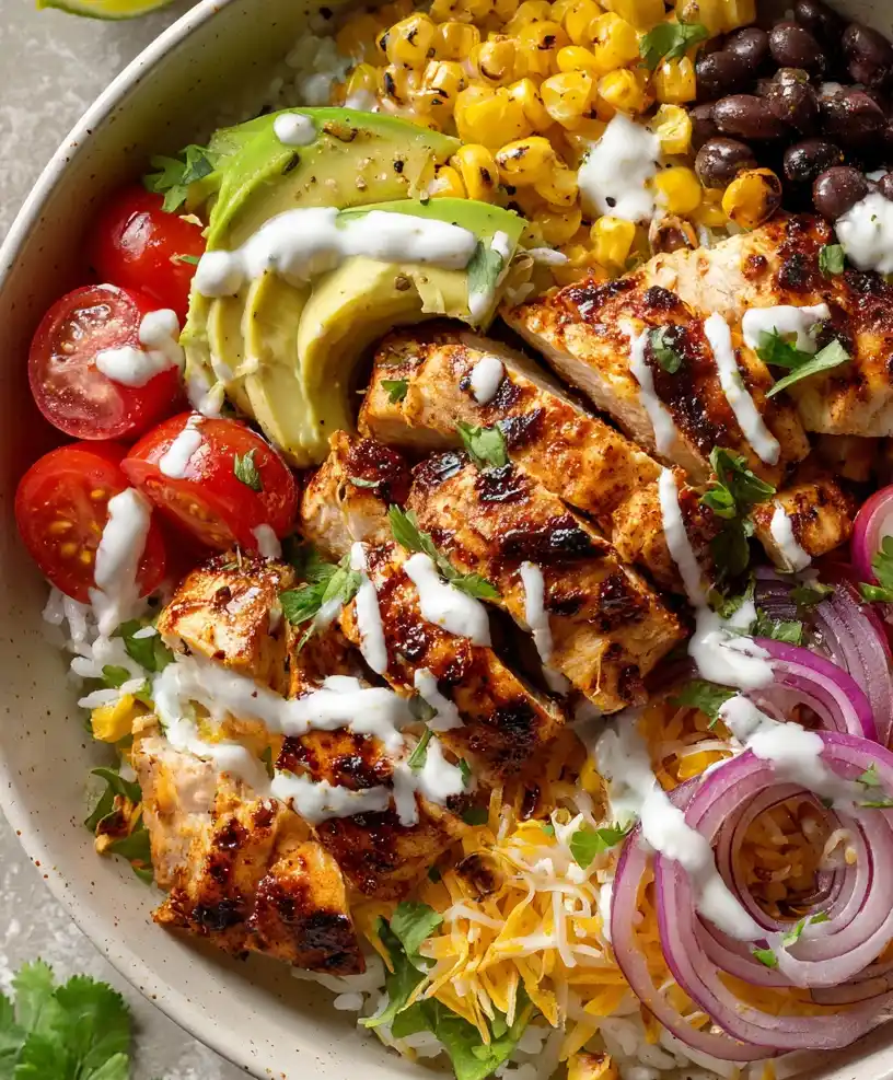 Grilled Corn and Black Bean Chicken Bowls close up