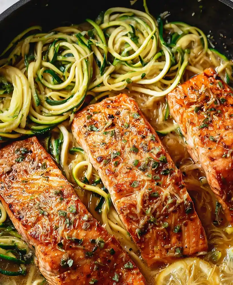 One Pan Lemon Garlic Butter Salmon and Zucchini Noodles close up