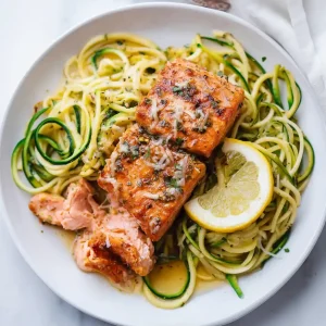 One Pan Lemon Garlic Butter Salmon and Zucchini Noodles